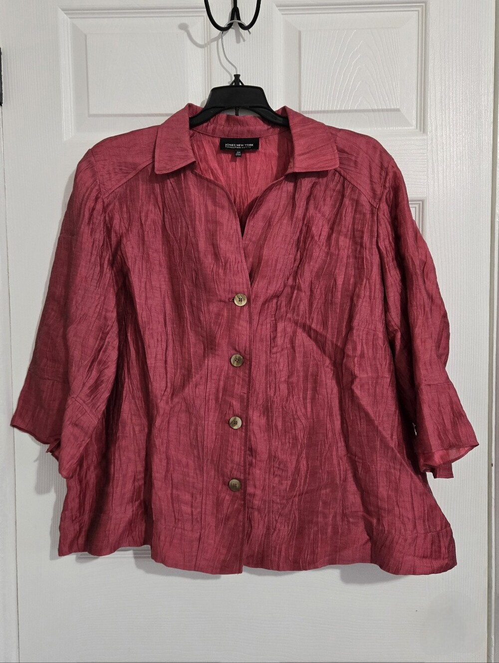 Jones New York Women 22W Linen Blouse Pink Crinkle Bell Sleeve Button Front